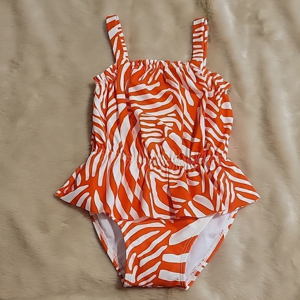 GYMBOREE ORANGE AND WHITE ZEBRA PRINT RUFFLED SWIMSUIT, SIZE 18-24 MONTHS - NEW!